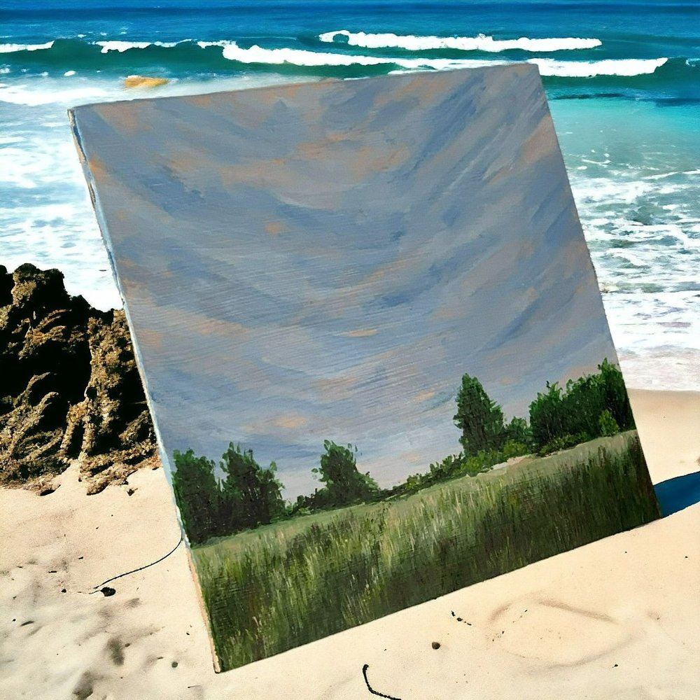 Across the Fields, 8" x 10" Landscape Acrylic on Canvas Nature Painting by Deb B - Picture 3 of 7